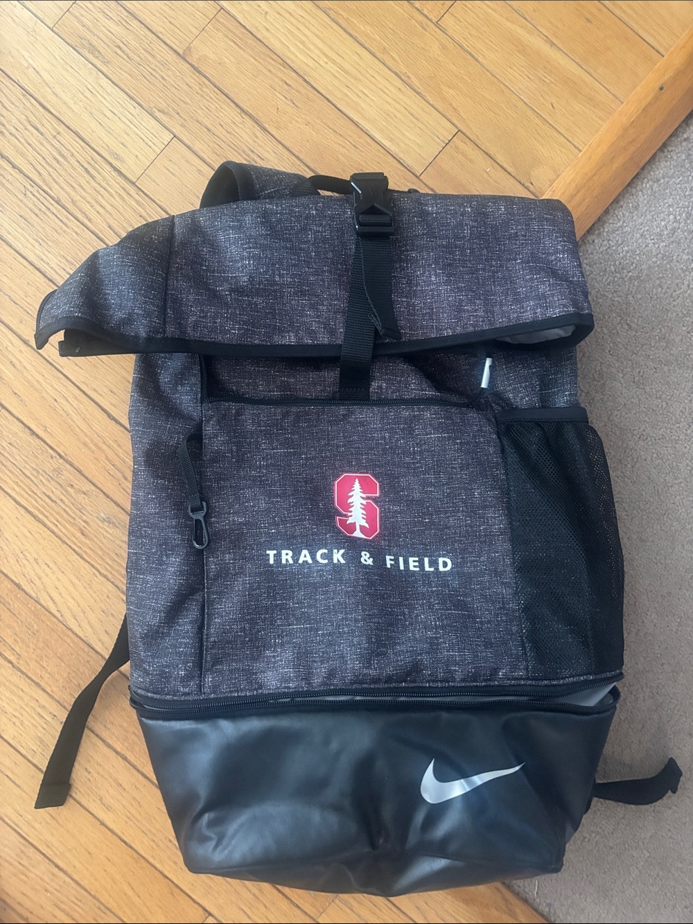 Nike Track & Field Heathered Black Roll-Top Backpack with Red Logo